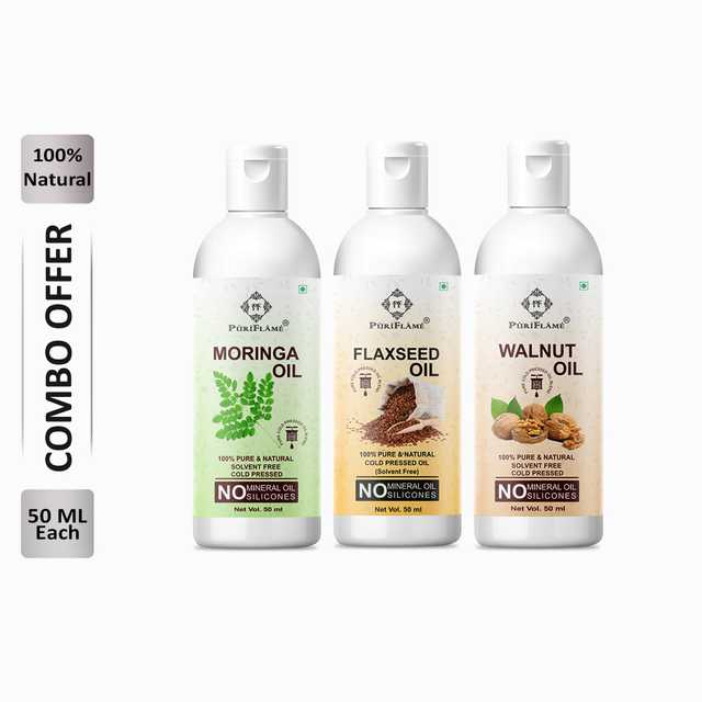 Puriflame Pure Moringa Oil (50 ml), Flaxseed Oil (50 ml) & Walnut Oil (50 ml) Combo for Rapid Hair Growth (Pack of 3) (B-11789)