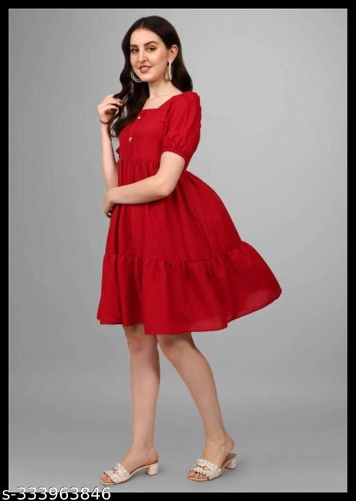 Crepe Solid Dress for Women (Red, S)