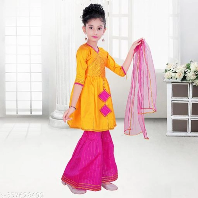 Poly Silk Kurta Sets for Girls (Yellow & Pink, 2-3 Years)