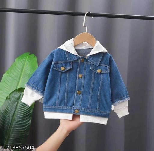 Denim Solid Jacket for Boys (Blue & White, 7-8 Years)