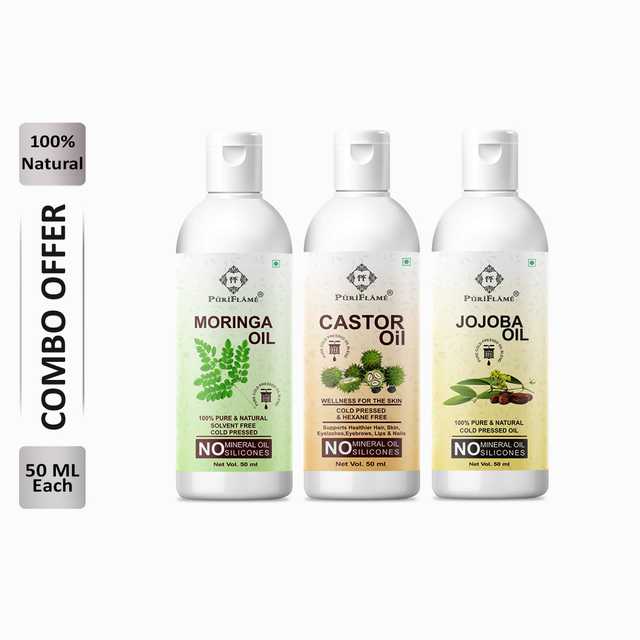 Puriflame Pure Moringa Oil (50 ml), Castor Oil (50 ml) & Jojoba Oil (50 ml) Combo for Rapid Hair Growth (Pack of 3) (B-11748)