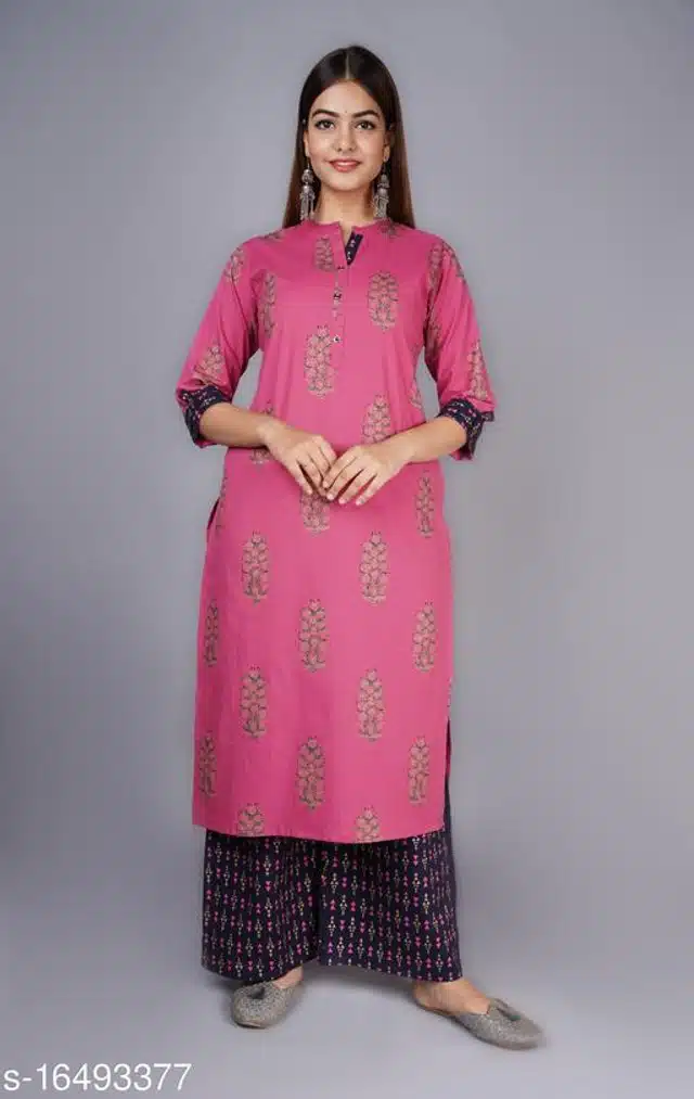 Cotton Kurti with Pant for Women (Pink, M)