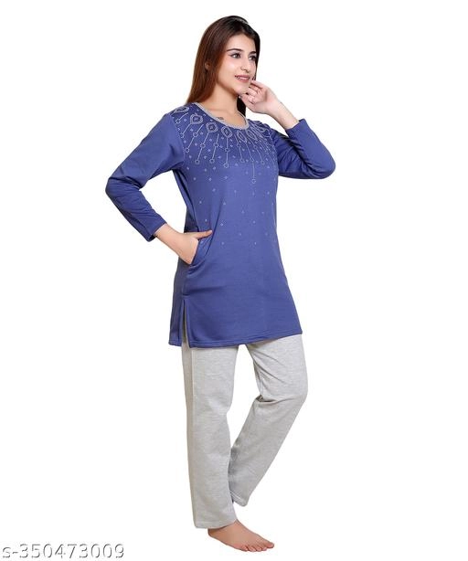 Wool Nightsuit for Women (Royal Blue & White, M)