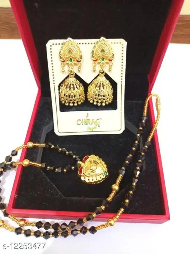 Metal Mangalsutra with Earrings for Women (Gold & Black, Set of 1)