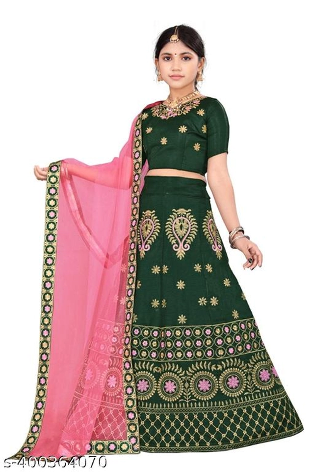 Satin Embroidered Lehenga with Choli & Dupatta for Girls (Green & Pink, 2-3 Years)