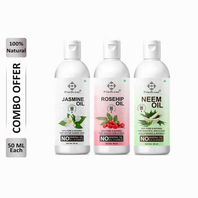 Puriflame Pure Jasmine Oil (50 ml), Rosehip Oil (50 ml) & Neem Oil (50 ml) Combo for Rapid Hair Growth (Pack Of 3) (B-11308)