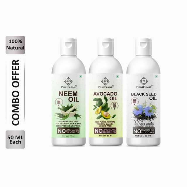 Puriflame Pure Neem Oil (50 ml), Avocado Oil (50 ml) & Black Seed Oil (50 ml) Combo for Rapid Hair Growth (Pack Of 3) (B-11997)