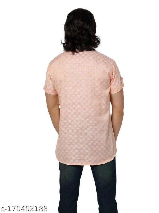 Dupion Silk Printed Short Kurta for Men (Peach, S)