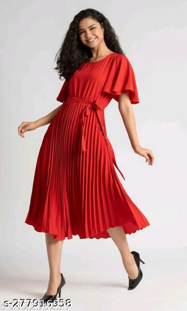 Half Sleeves Dress for Women (Red, S)