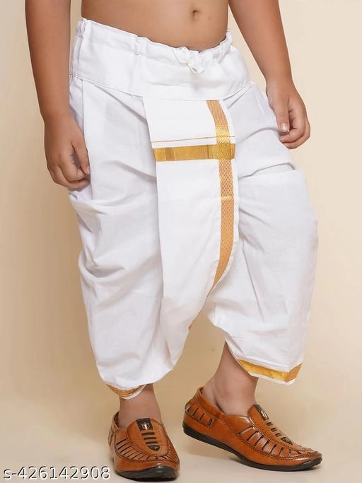 Cotton Blend Striped Dhoti for Boys (2-3 Years, White)