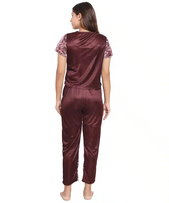 Satin Printed Night Suit for Women (Brown, S)