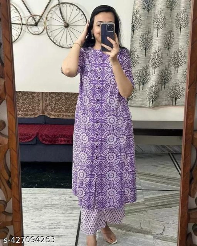 Rayon Printed Kurti with Pant for Women (Purple, S)