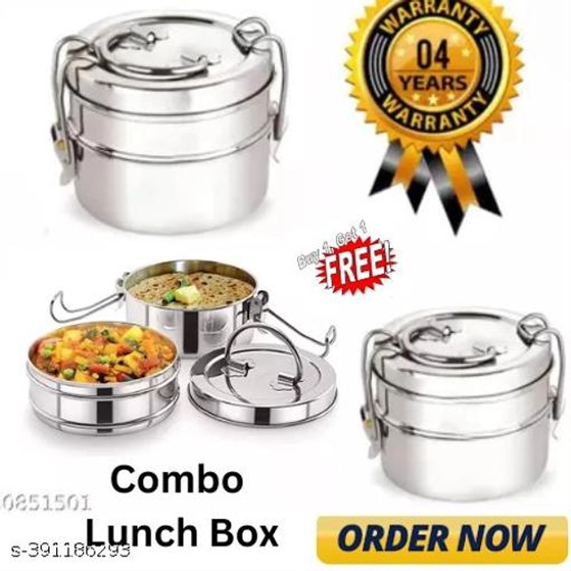 Stainless Steel 2 Layer Lunch Box (Silver, Pack of 2)