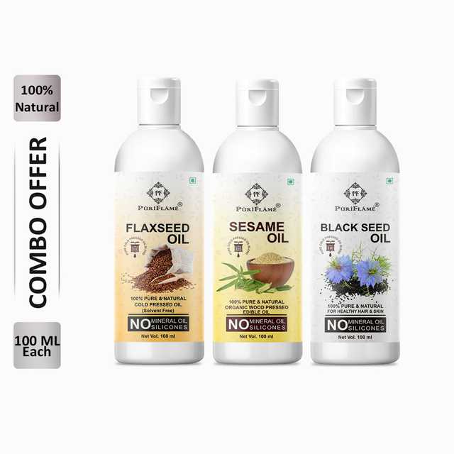 PuriFlame Pure Flaxseed Oil (100 ml) & Sesame Oil (100 ml) & Blackseed Oil (100 ml) Combo For Rapid Hair Growth (Pack Of 3) (B-4271)