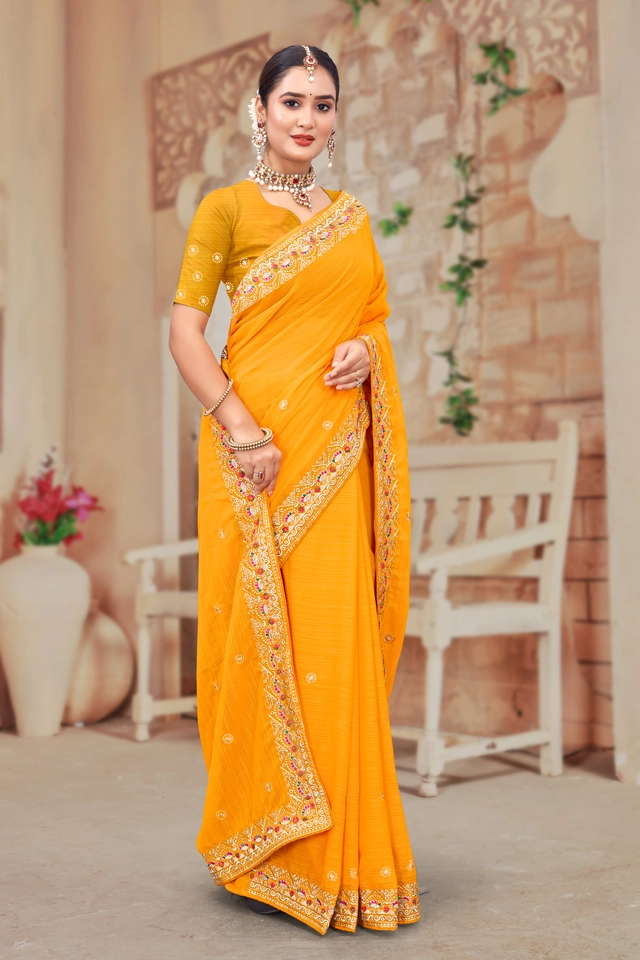 Chiffon Embroidered Saree for Women (Yellow, 6.3 m)