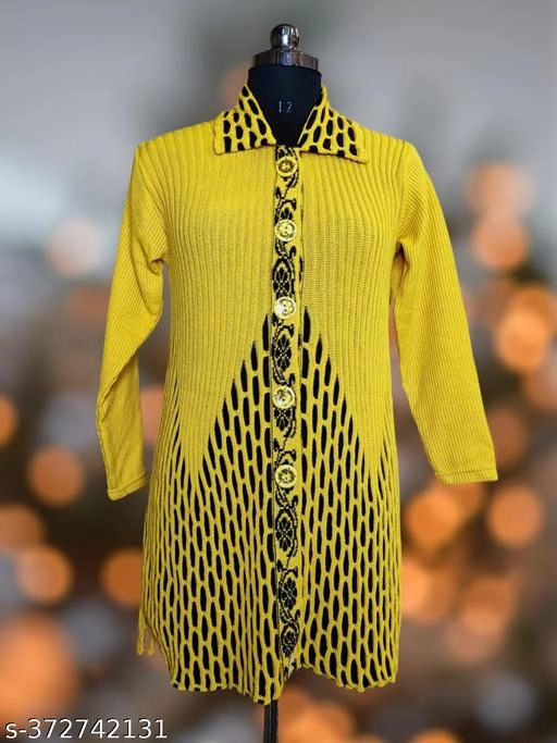 Woolen Printed Sweater for Women (Yellow & Black, Free Size)