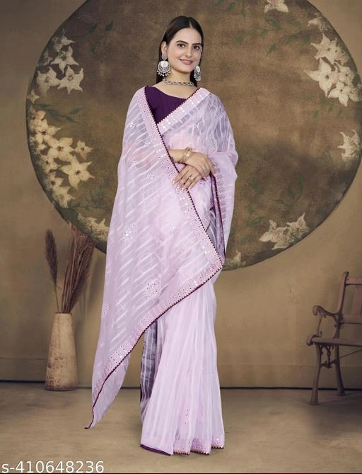 Organza Embroidered Saree for Women (Pink, 6.3 m)