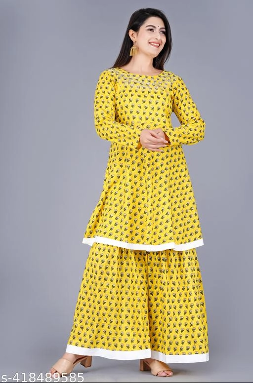 Rayon Printed Kurti with Palazzo for Women (Yellow, M)