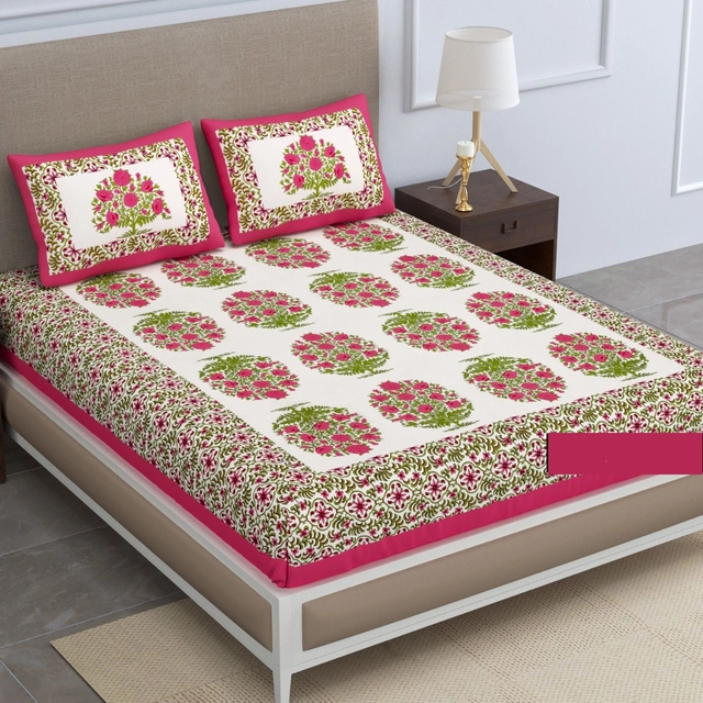 Cotton Printed Queen Size Bedsheet with 2 Pcs Pillow Covers (Pink & White, 90x100 inches)