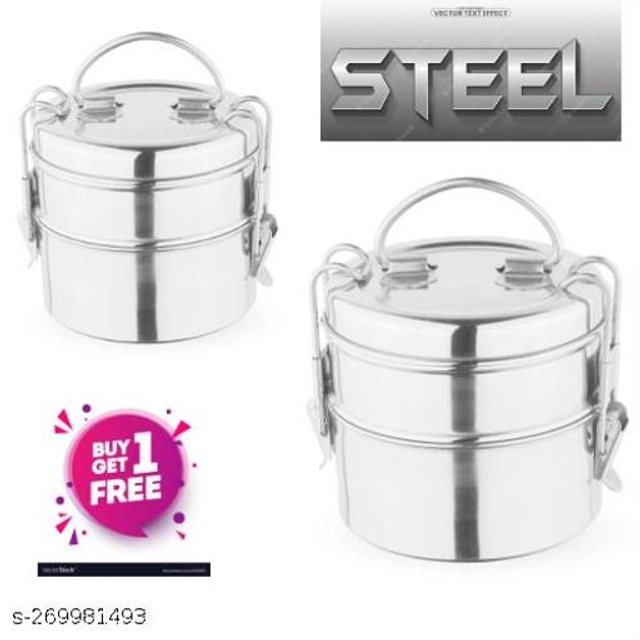 Stainless Steel 2 Layer Lunch Box (Silver, Pack of 2)