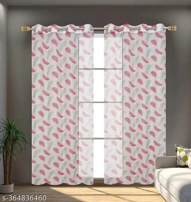 Net Curtains for Door (White & Pink, 7 Feet) (Pack of 2)