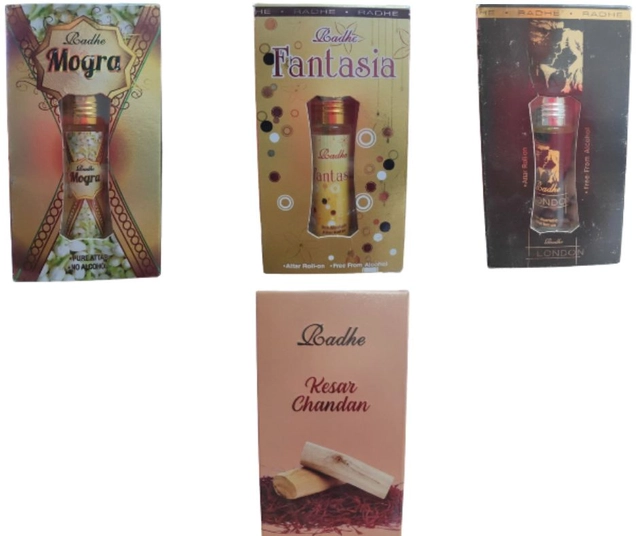 Combo of Radhe Mogra with Fantasia, Kesar Chandan & London Non Alcoholic Rool On Attars (6 ml, Pack of 4)