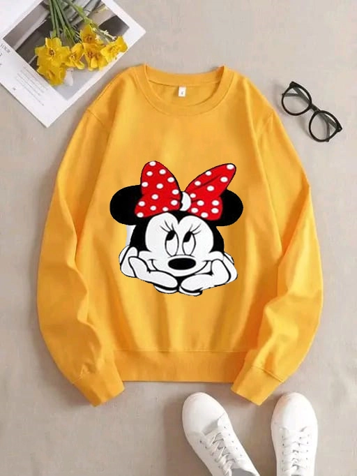 Fleece Printed Full Sleeves Sweatshirt for Women & Girls (Yellow, S)