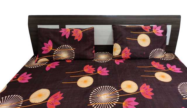 Polyester Floral Printed Double Bedsheet with Two Pillow Cover (Brown, 90 X 100 Inch) (FE-004)