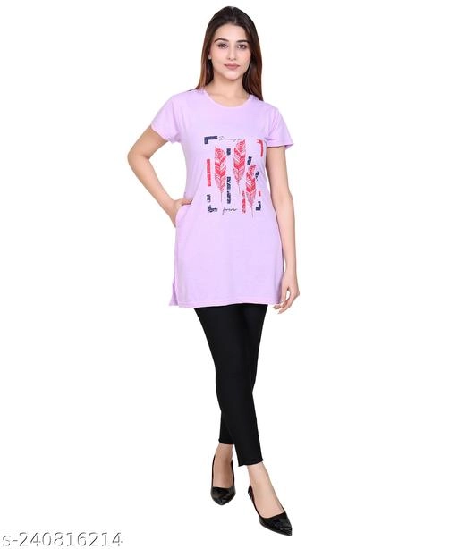 Round Neck Printed Long T-Shirt for Women (Lavender, M)