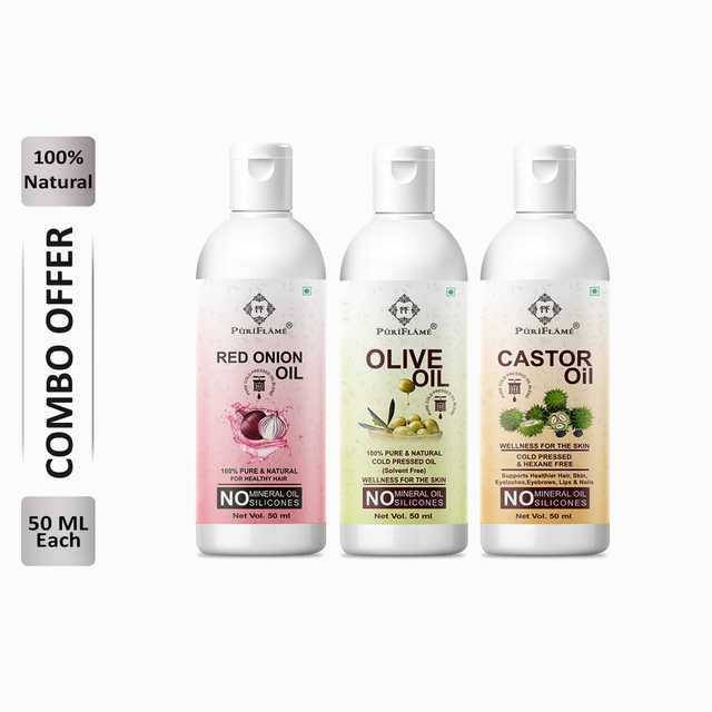 Puriflame Pure Red Onion Oil (50 ml), Olive Oil (50 ml) & Castor Oil (50 ml) Combo for Rapid Hair Growth (Pack Of 3) (B-13104)