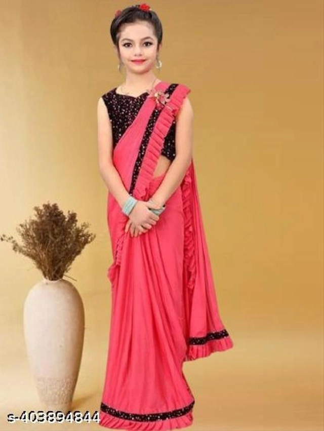 Poly Silk Solid Saree with Blouse for Girls (Coral, 3-4 Years)