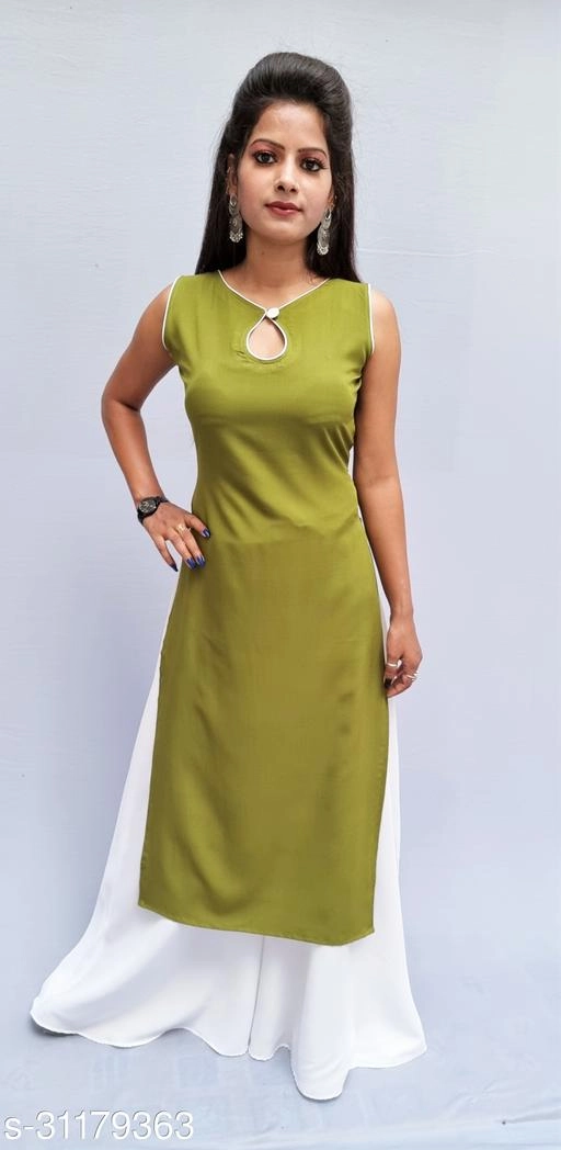 Crepe Solid Kurti with Palazzo for Women (Olive & White, XS)