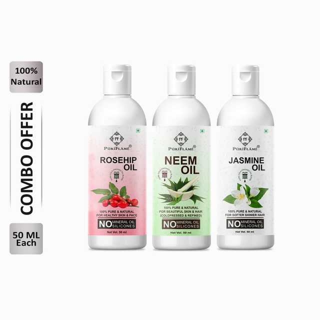 Puriflame Pure Rosehip Oil (50 ml), Neem Oil (50 ml) & Jasmine Oil (50 ml) Combo for Rapid Hair Growth (Pack Of 3) (B-13397)