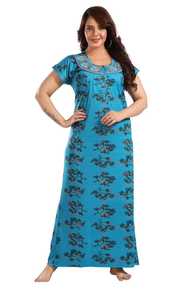 Hosiery Printed Nightdress for Women (Blue, M)