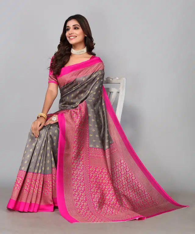 Printed Saree with Unstitched Blouse Piece for Women (Grey, 6 m)
