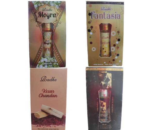 Combo of Radhe Mogra with Fantasia, Kesar Chandan & London Non Alcoholic Rool On Attars (6 ml, Pack of 4)