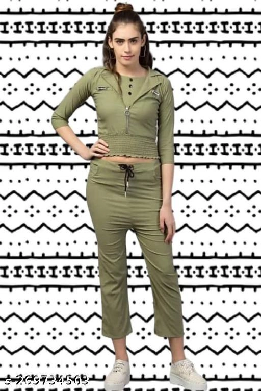 Cotton Blend Solid Top & Bottom Set for Women (Olive, L)