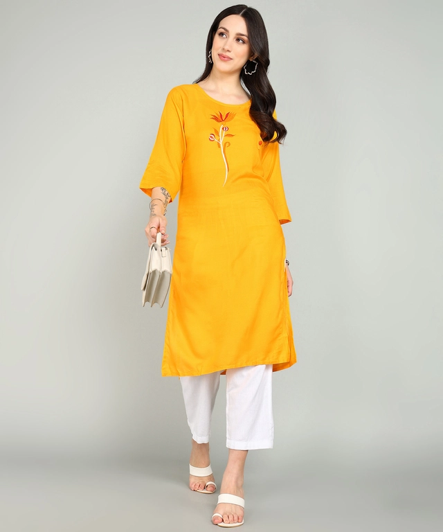 Rayon Embroidered Kurti for Women (Yellow, S)