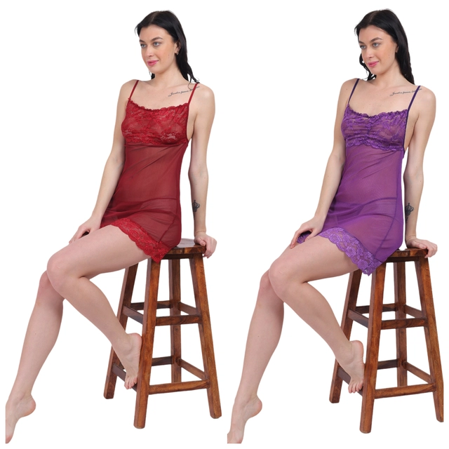 Netted Solid Babydoll for Women (Multicolor, Free Size) (Pack of 2)