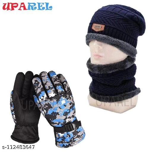 Woolen Cap with Gloves for Men (Multicolor, Set of 2)