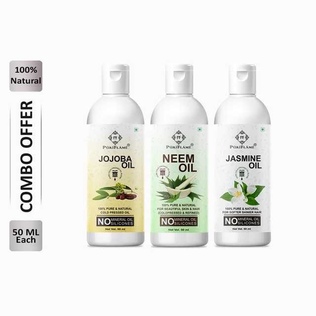 Puriflame Pure Jojoba Oil (50 ml), Neem Oil (50 ml) & Jasmine Oil (50 ml) Combo for Rapid Hair Growth (Pack Of 3) (B-11544)