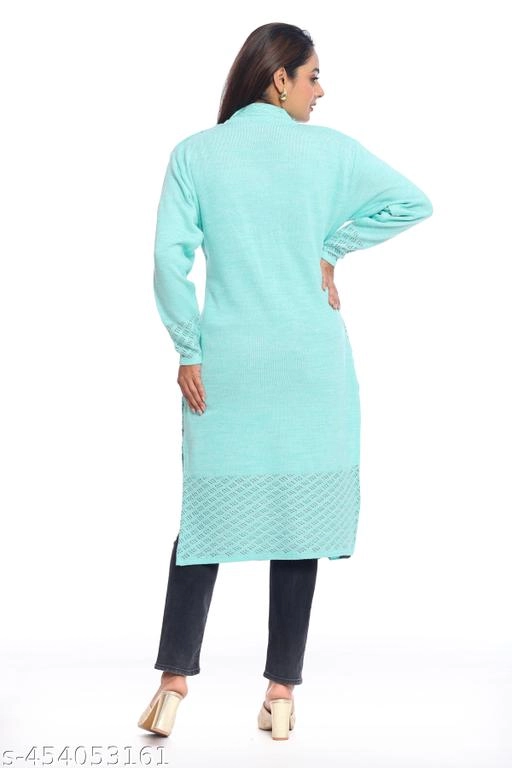 Woolen Printed Kurti for Women (Sky Blue, L)