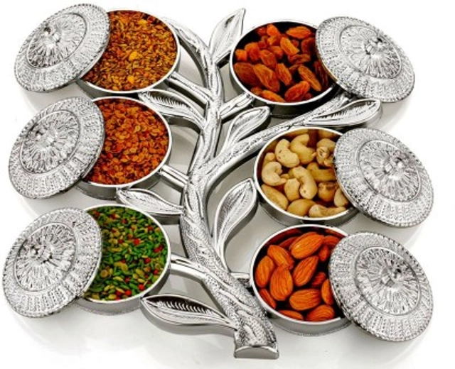 MAGIC PLUS Multipurpose Tree Shape 6 Section Royal Design Silver Storage Dry Fruit Tray /Gift Box / Dry Fruits Box (Pack Of 1)
