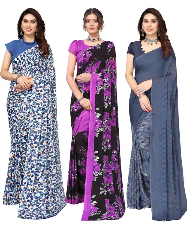Women's Designer Floral Printed Saree with Blouse Piece (Pack of 3) (Multicolor) (SD-170)