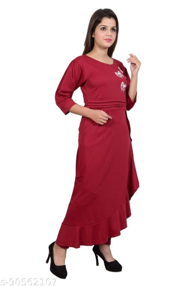 Lycra Solid Kurti with Pant for Women (Maroon, L)