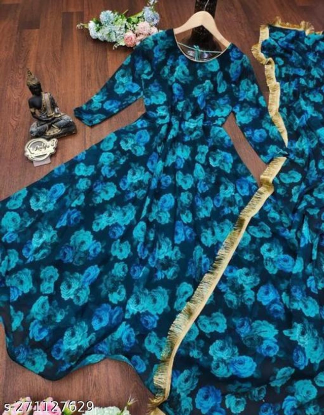 Georgette Printed Gown with Dupatta for Women (Blue, S)