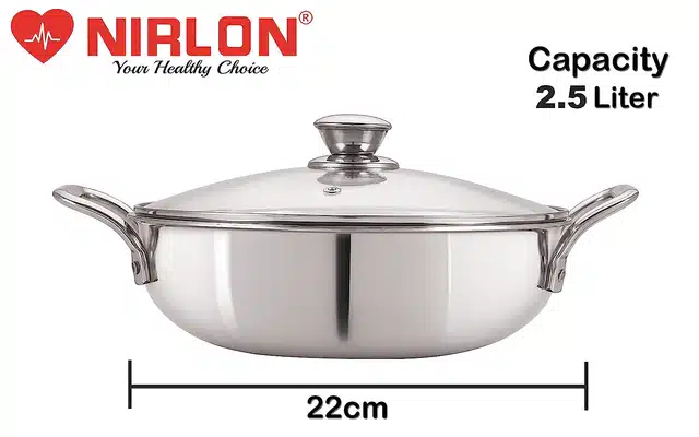 NIRLON Tri-Ply Stainless Steel Kadai with Lid (Silver & Transparent, 2500 ml)