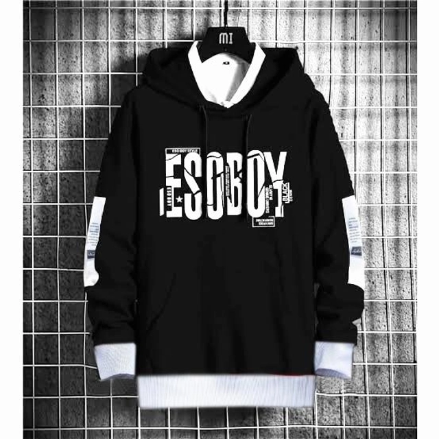 Fleece Printed Hooded Sweatshirt for Men (Black, M)