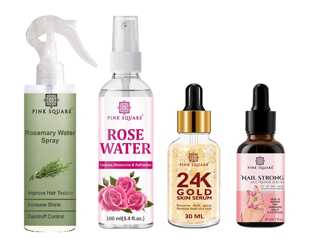 Combo of Pink Square Rosemary Water Hair Spray (100 ml) with Rose Water (100 ml), 24k Gold Face Serum (30 ml) & Lip Serum (30 ml) (Set of 4)