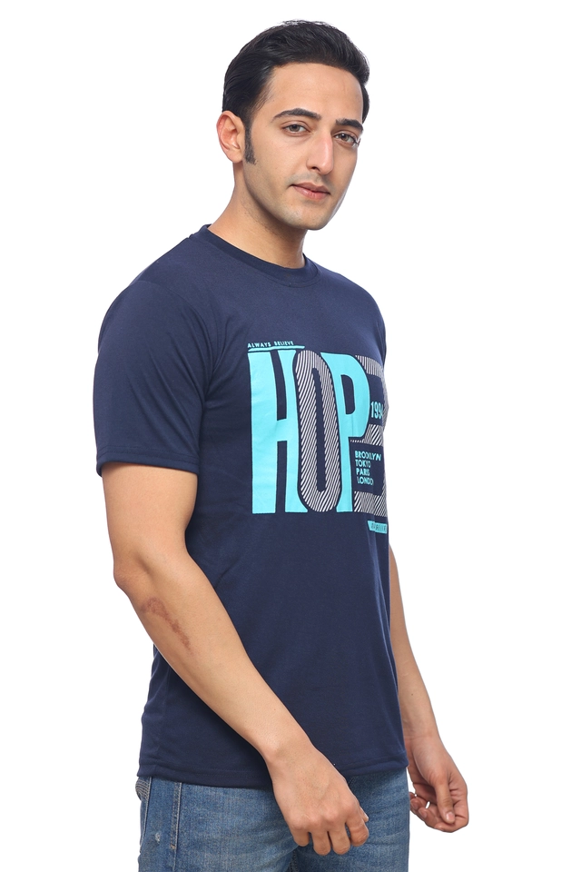 Round Neck Printed T-Shirt for Men (Navy Blue, M)